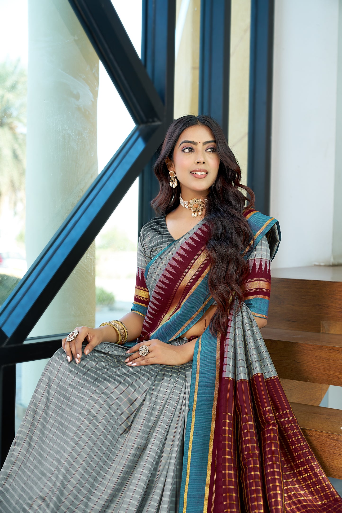 Bhavana- Grey Temple Gadwal Soft-Silk Saree