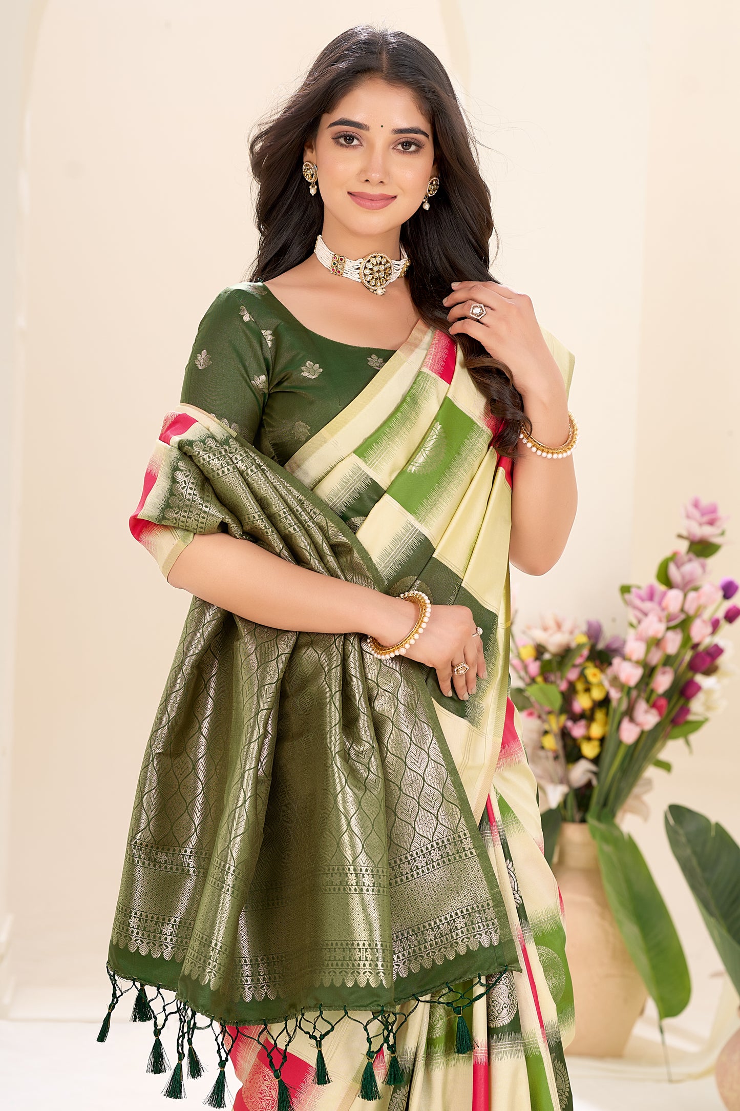 Anupama - Light Cream Border-Less Big Checks Silk Saree