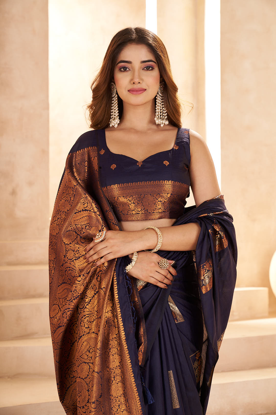 Navy Blue Cotton Slub Saree