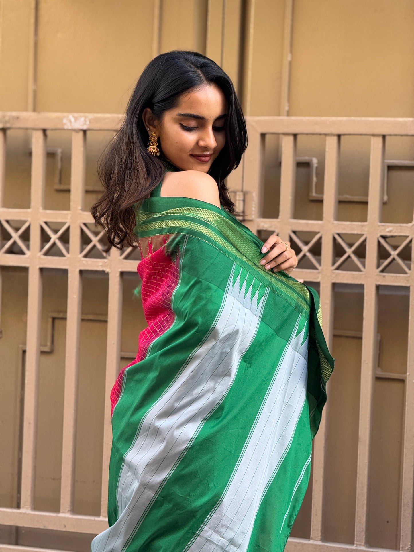 Temple border check saree