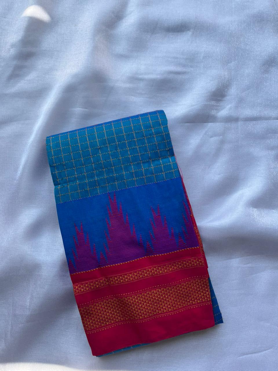 Blue Temple border check saree