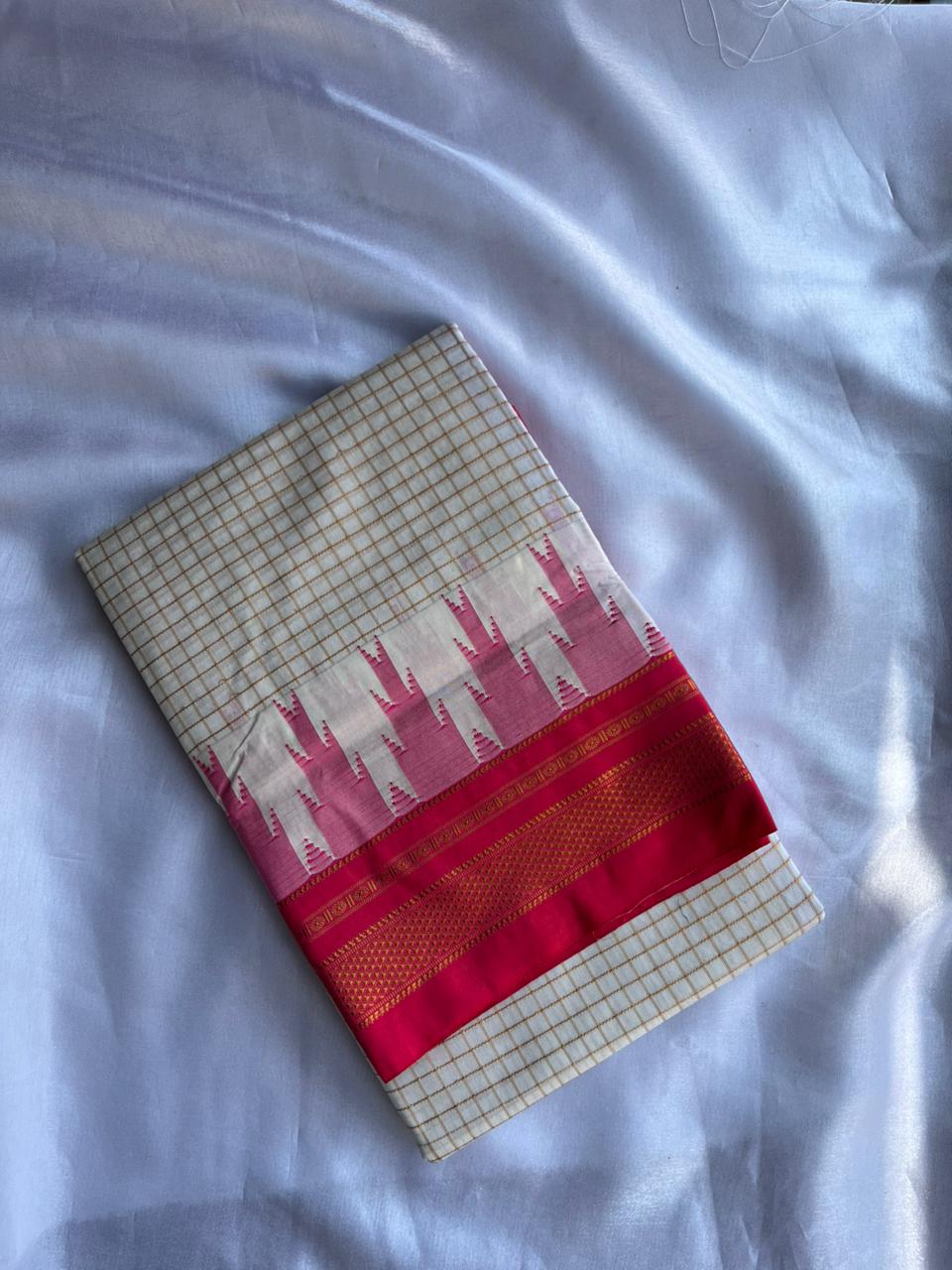 Off White Temple border check saree