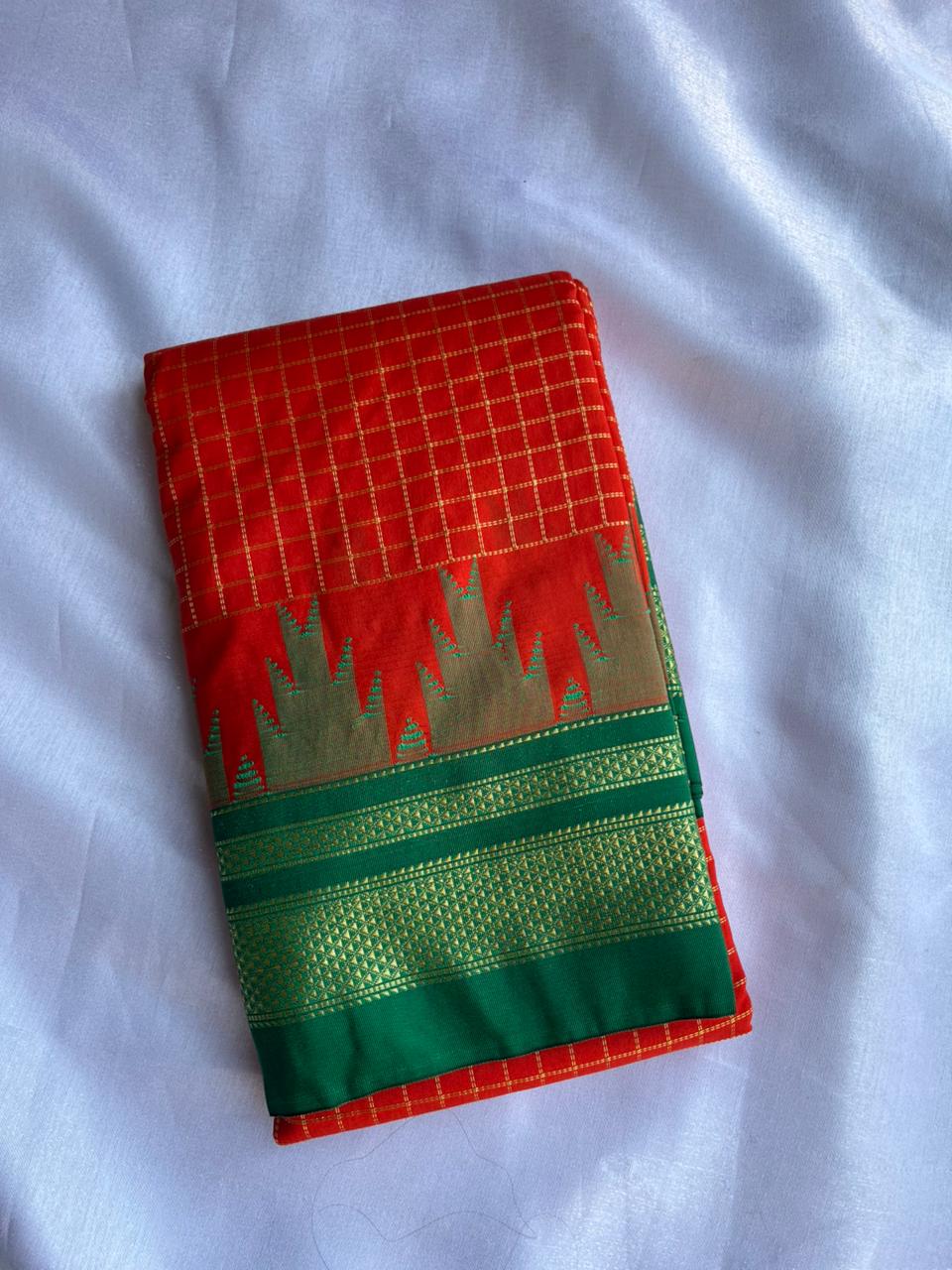 Orange Temple border check saree