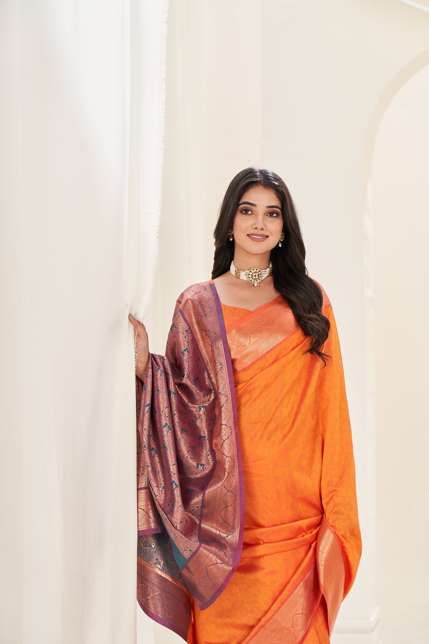 Avantika - Orange Self Embossed Soft-Silk Saree