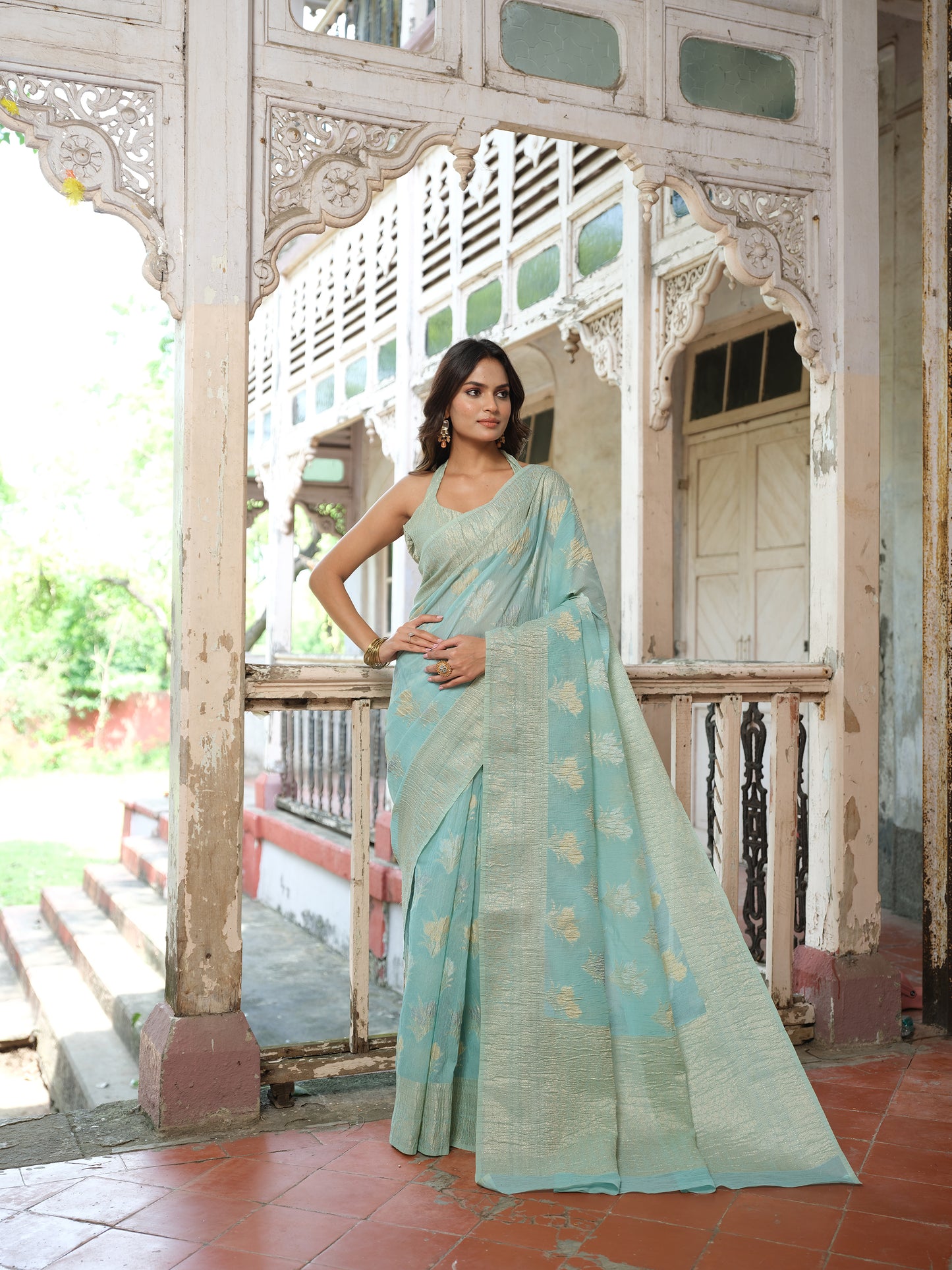 Crushed Cotton Tissue - Aqua Green Saree