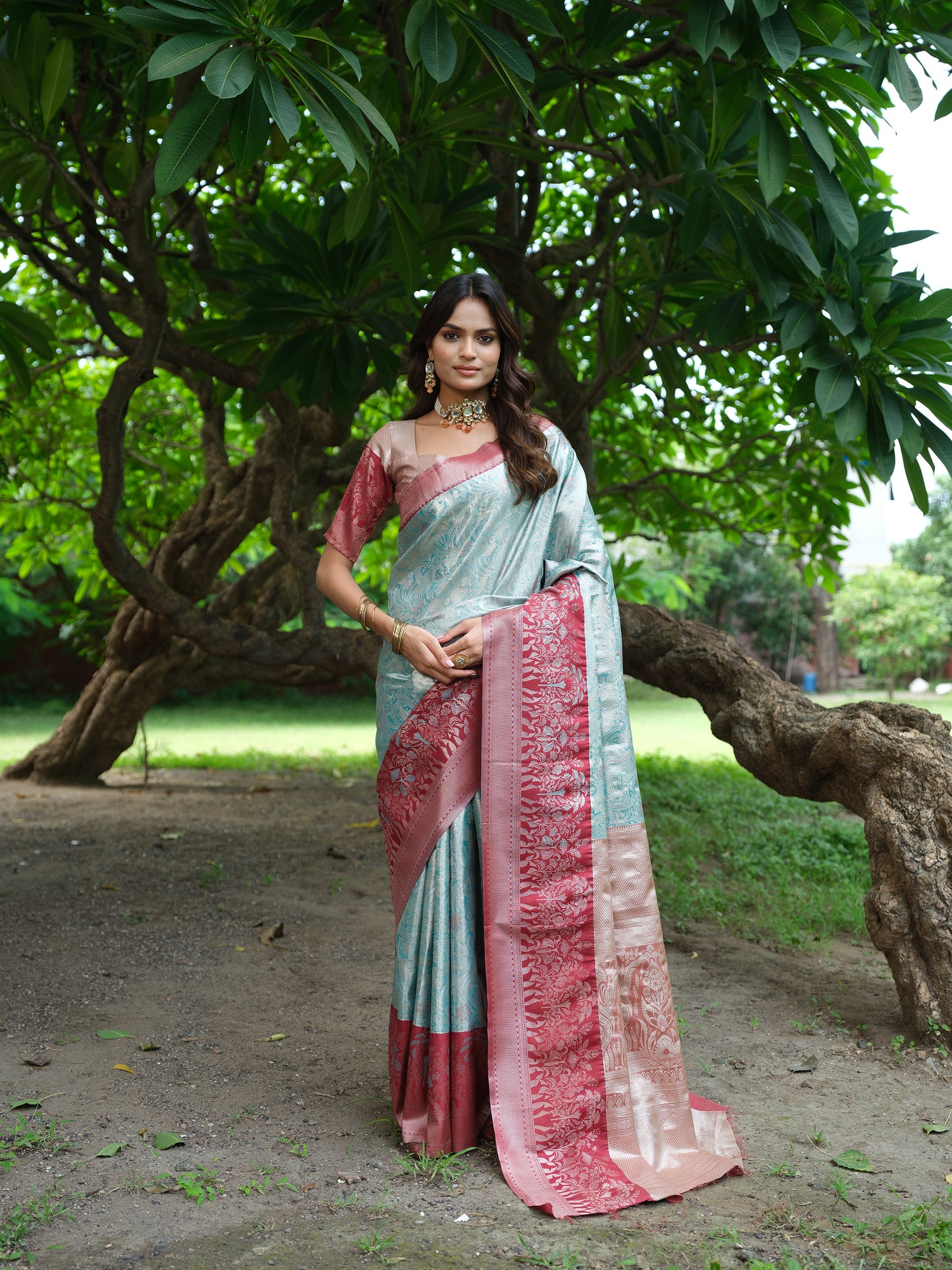 Tissue Silk Saree - Pastel aqua blue body and wine border
