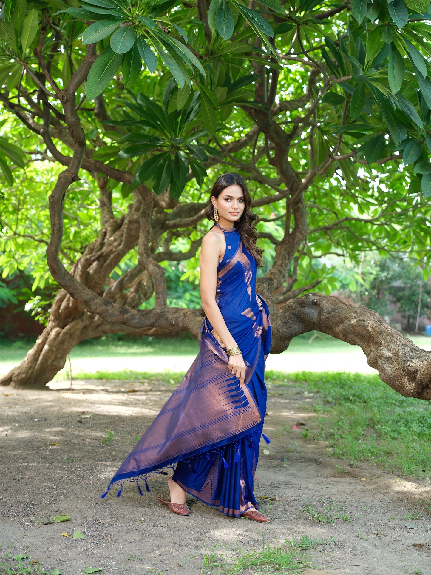 Royal Blue - Cotton blend Slub Saree