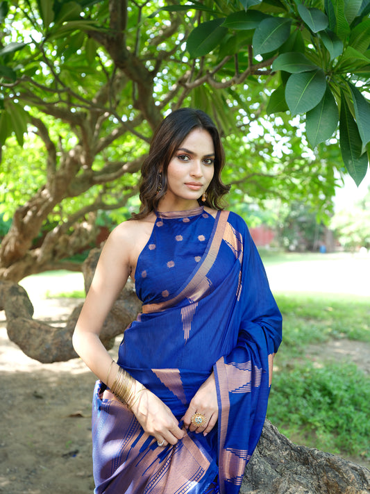 Royal Blue - Cotton blend Slub Saree