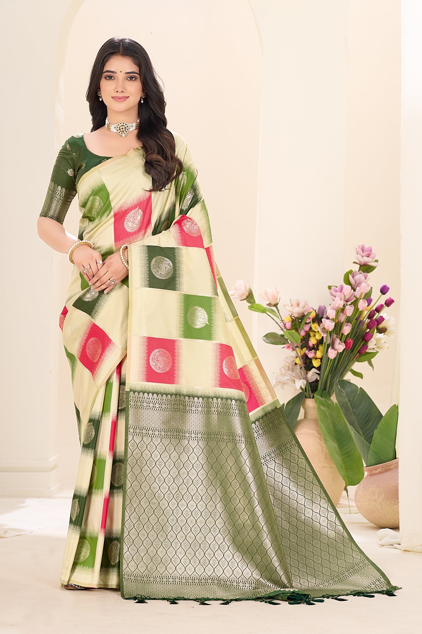 Anupama - Light Cream Border-Less Big Checks Silk Saree