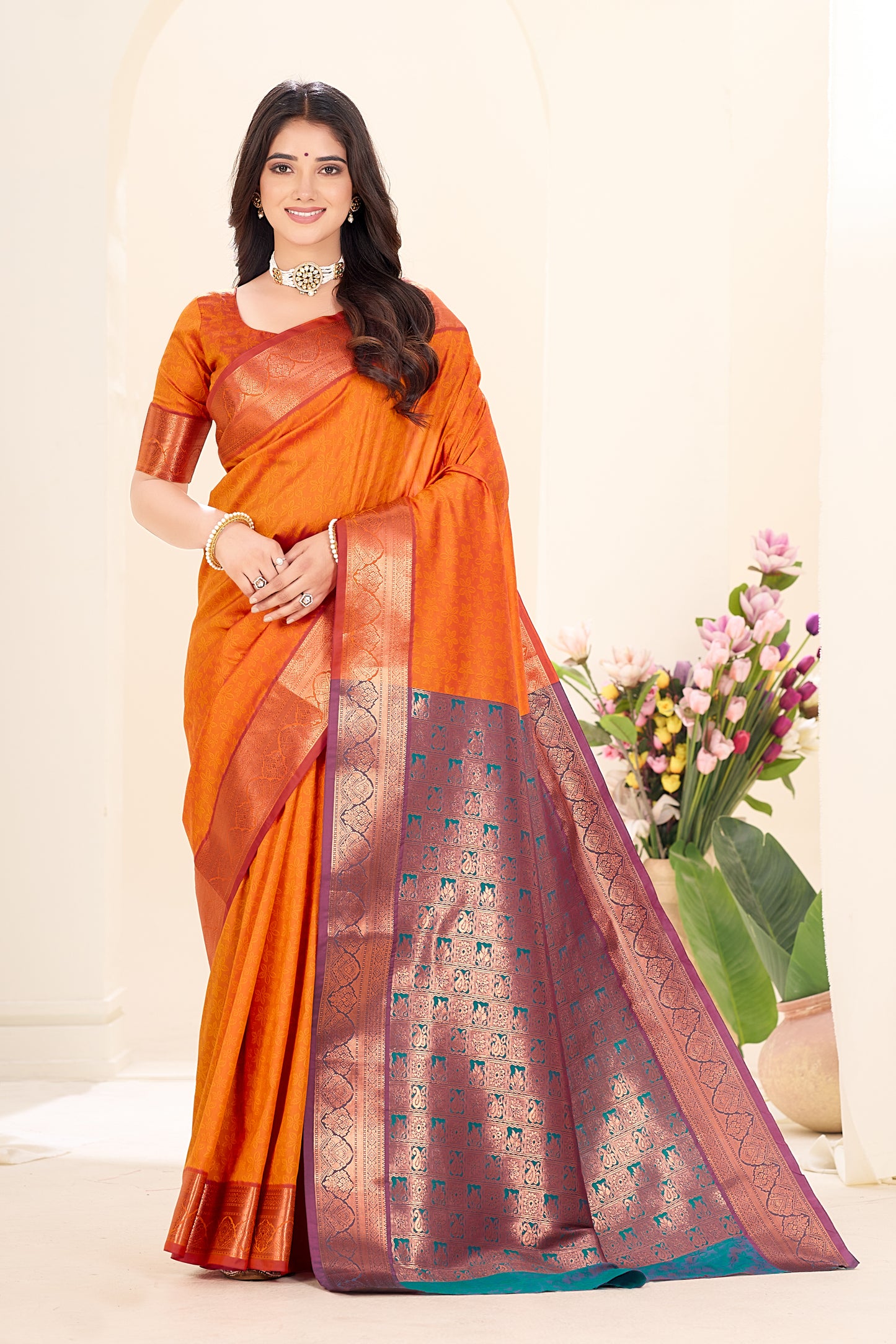 Avantika - Orange Self Embossed Soft-Silk Saree