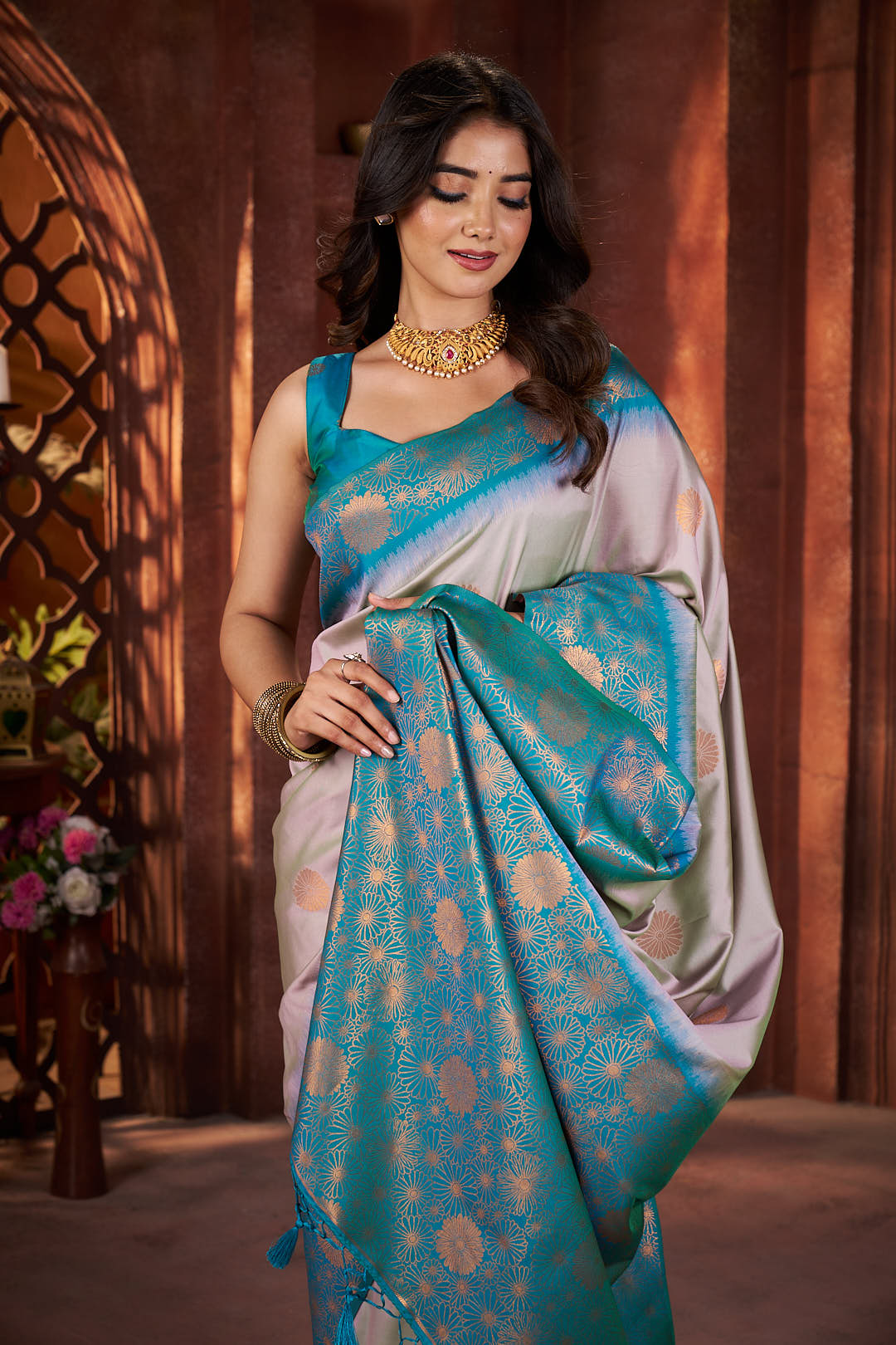 Pearl White Ikkat Silk Saree