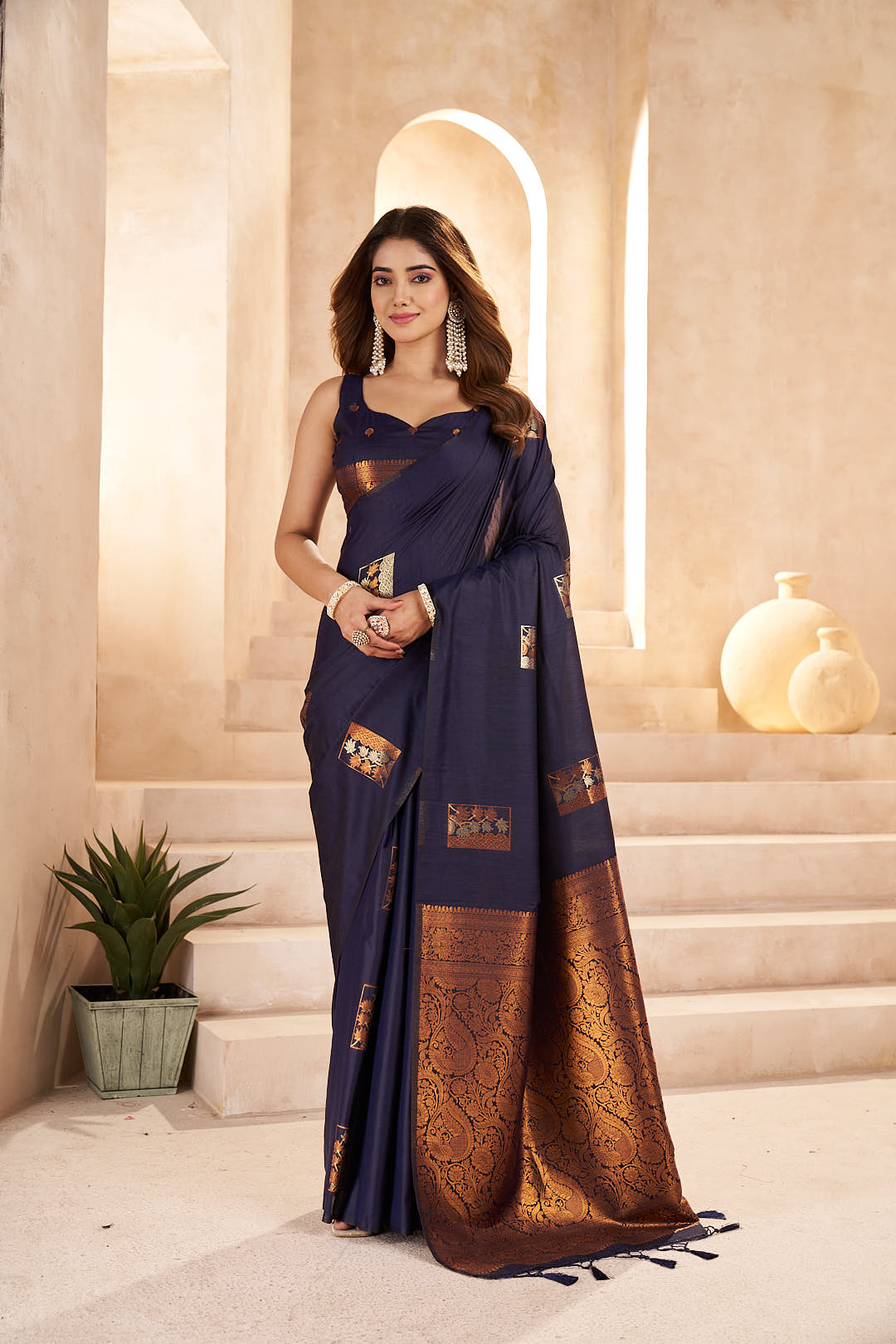 Navy Blue Cotton Slub Saree