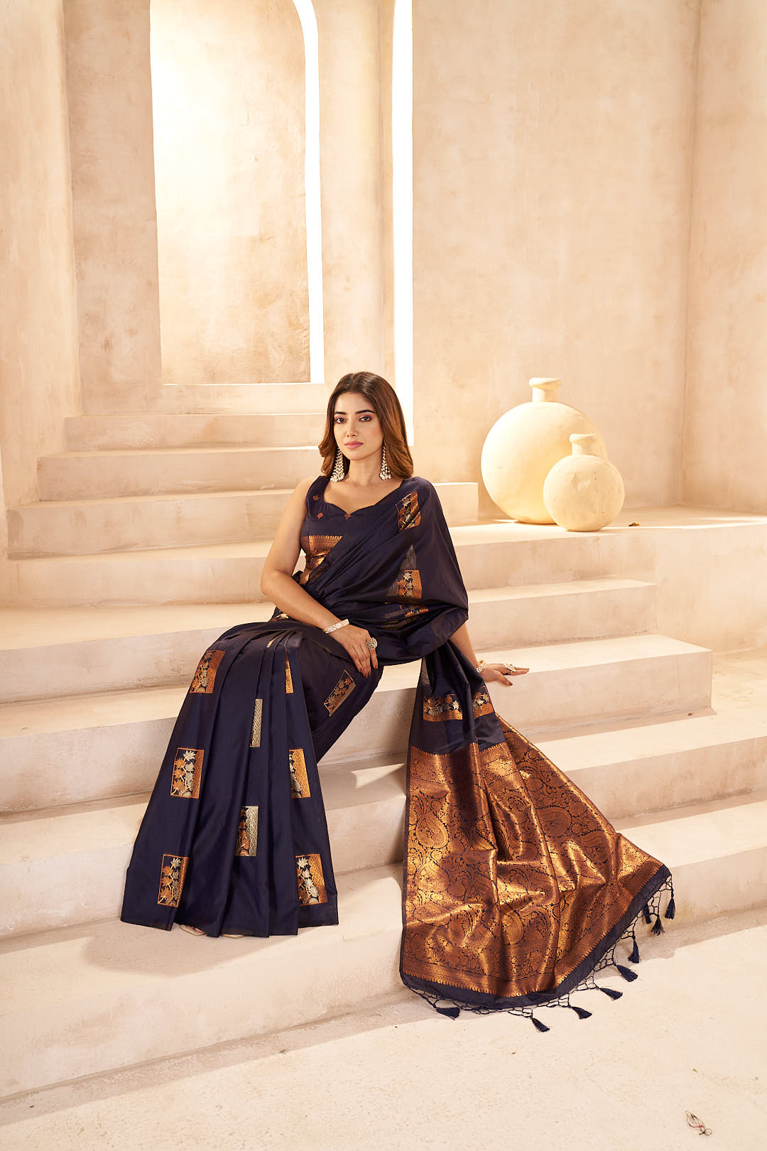 Navy Blue Cotton Slub Saree