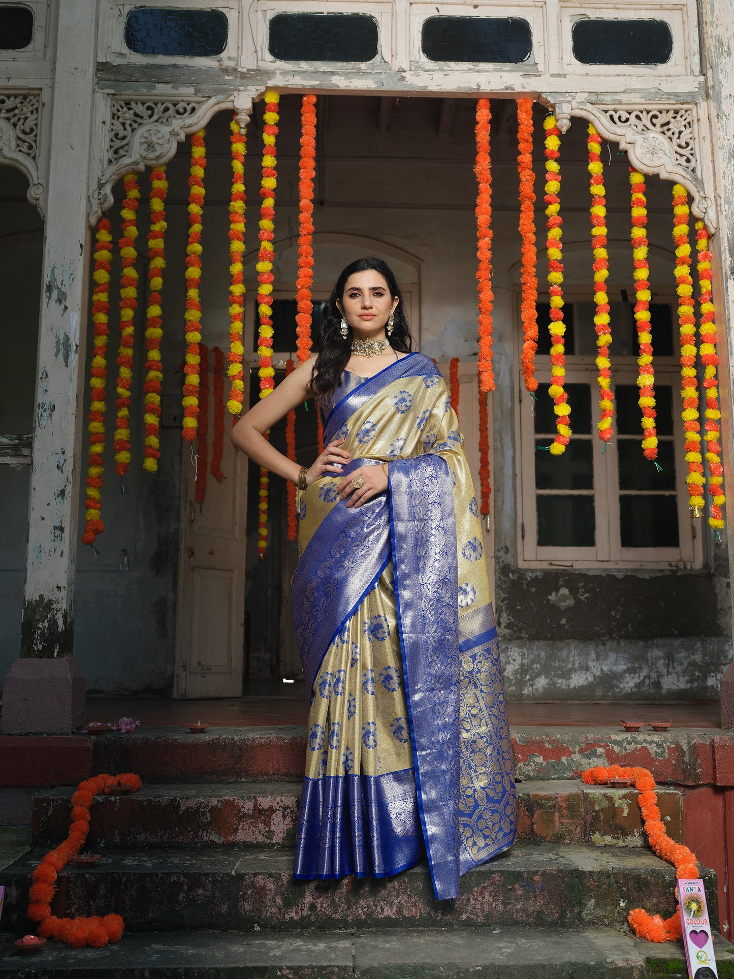 Golden Tissue Silk Saree with Royal Blue Border