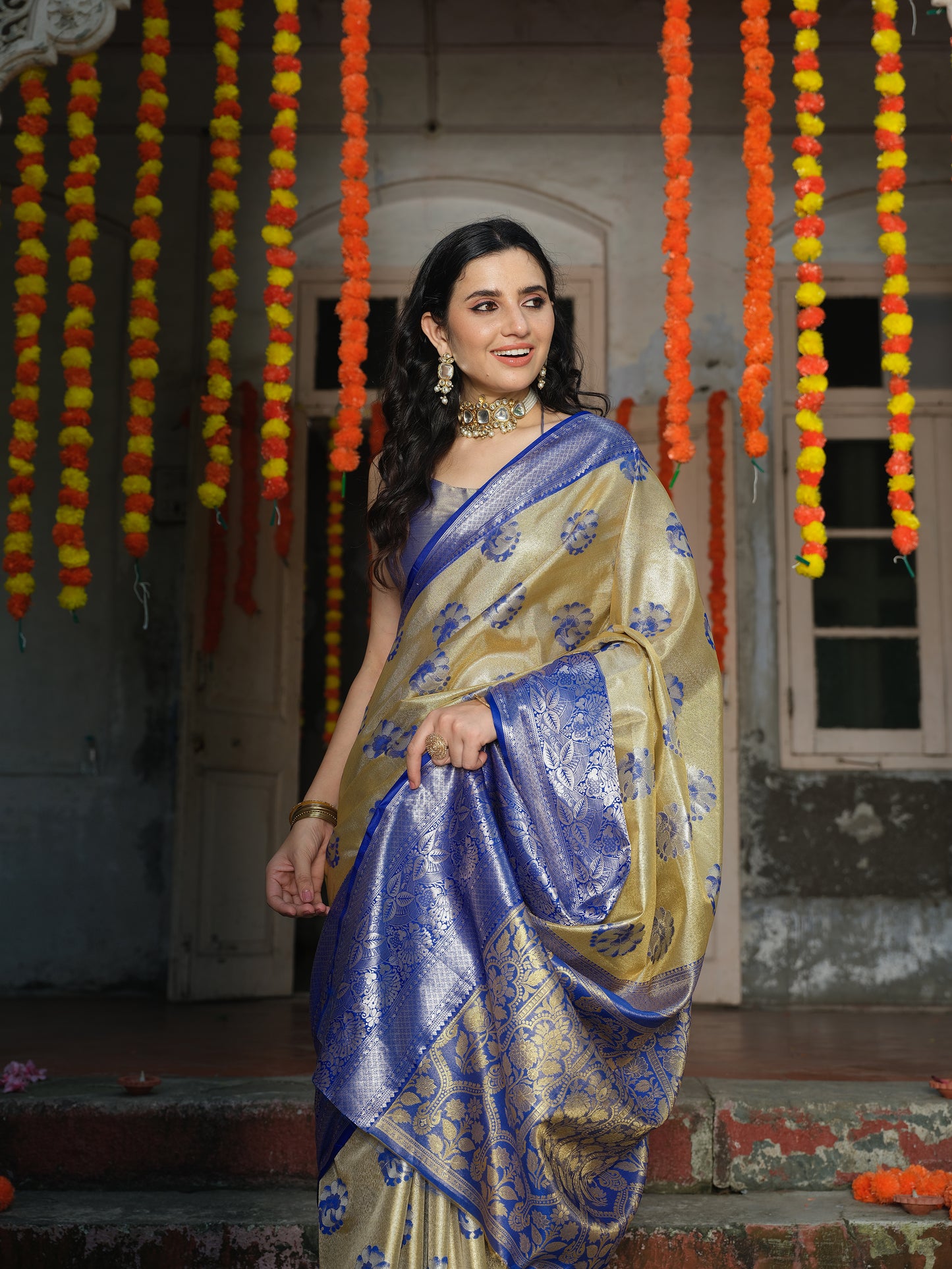 Golden Tissue Silk Saree with Royal Blue Border
