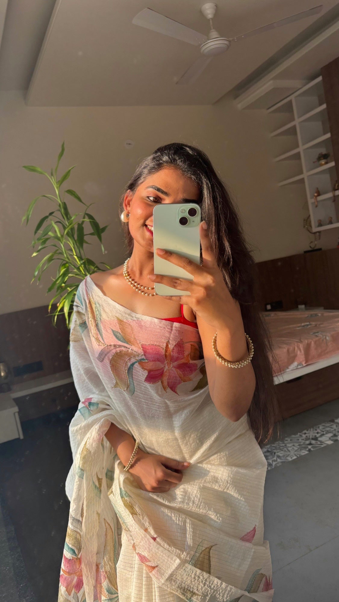 Ivory Bloom — Brush Painted Tussar Saree