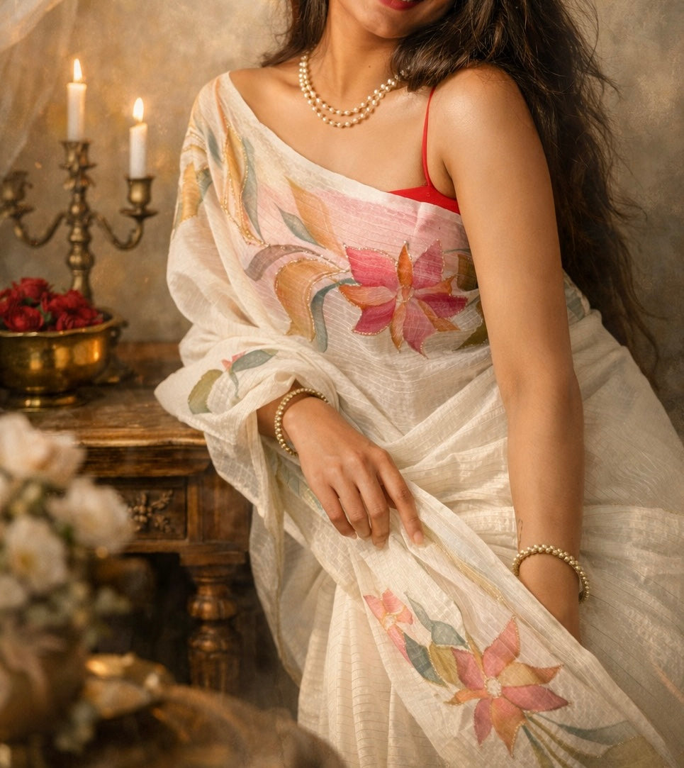 Ivory Bloom — Brush Painted Tussar Saree