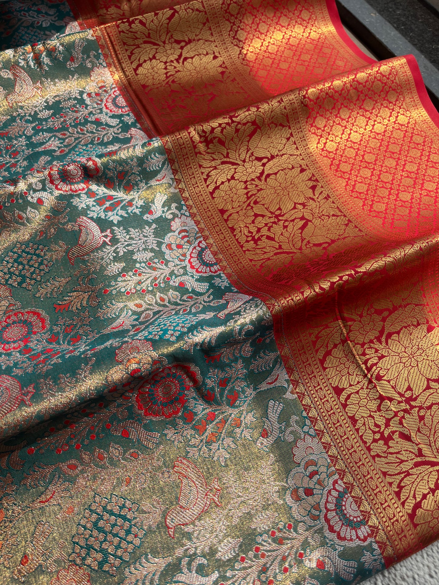 Shardha Green Bridal Tissue Meena Butta Silk Saree