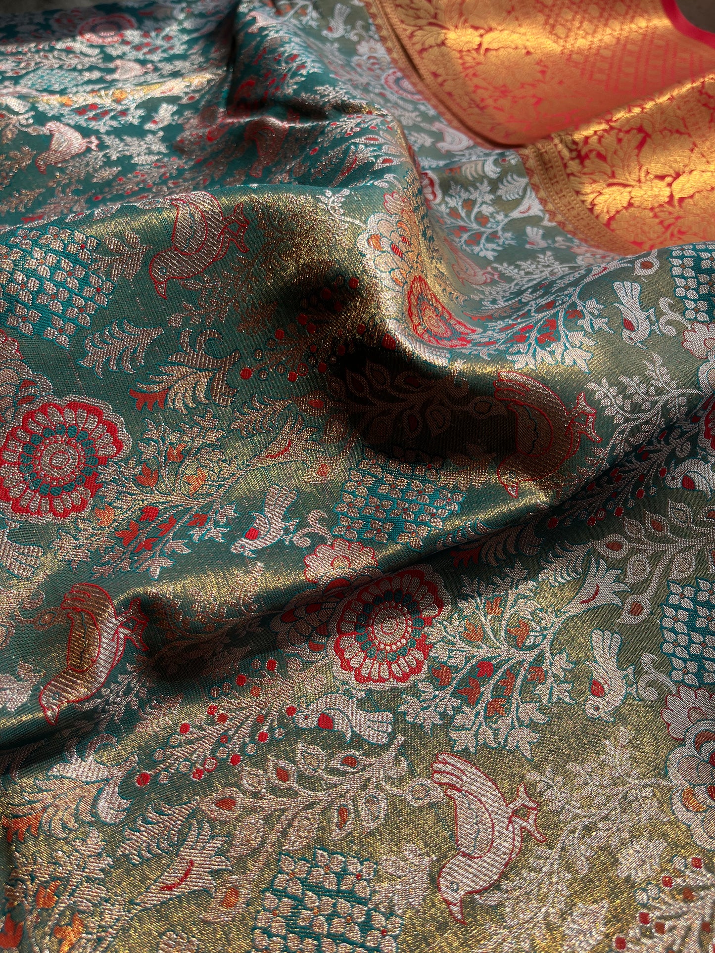 Shardha Green Bridal Tissue Meena Butta Silk Saree