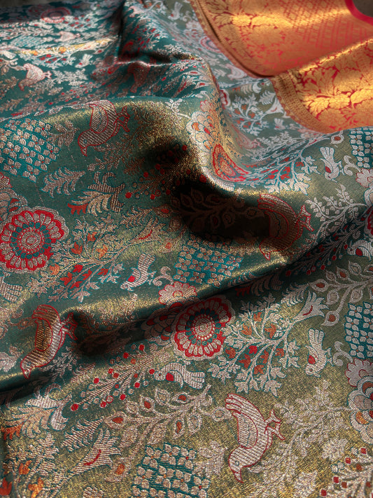 Shardha Green Bridal Tissue Meena Butta Silk Saree