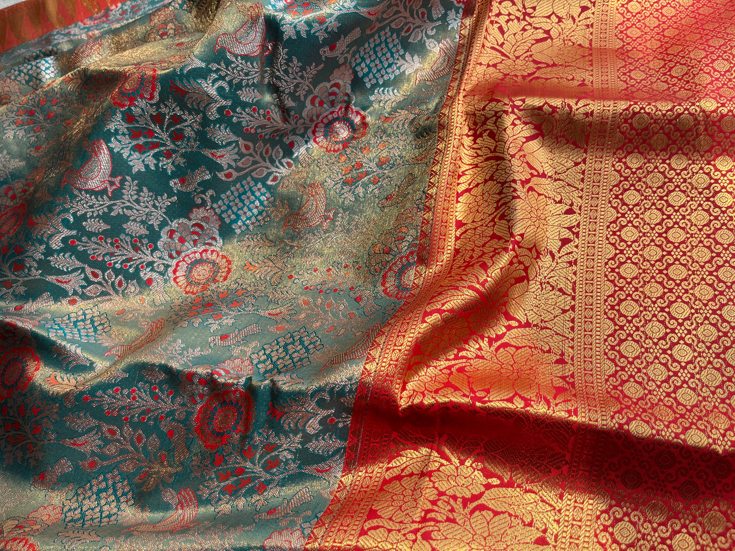 Shardha Green Bridal Tissue Meena Butta Silk Saree