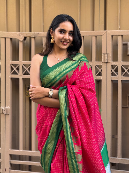 Temple border check saree