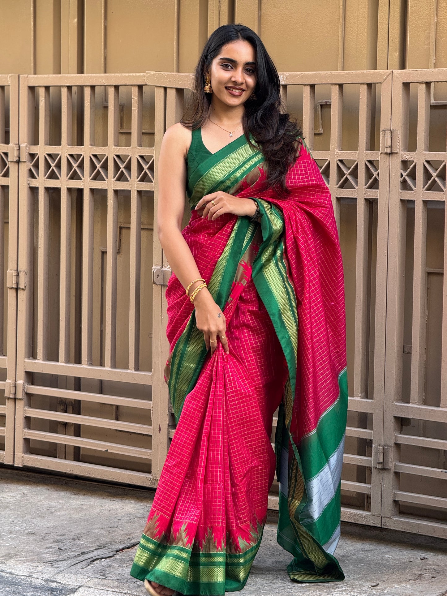 Temple border check saree