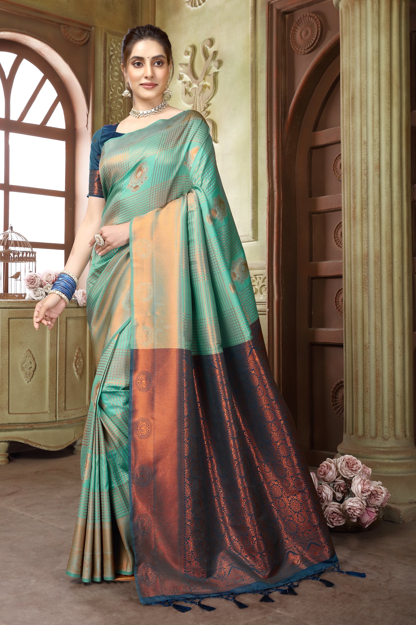 Ocean Blue Self Border Soft Silk Saree