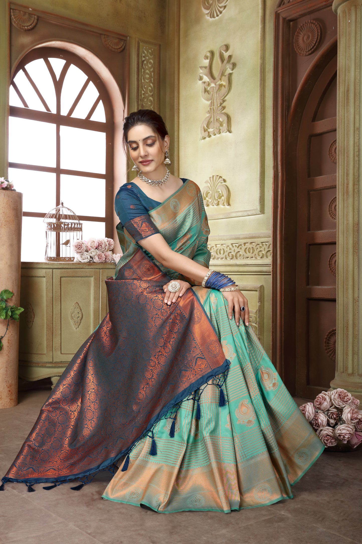 Ocean Blue Self Border Soft Silk Saree