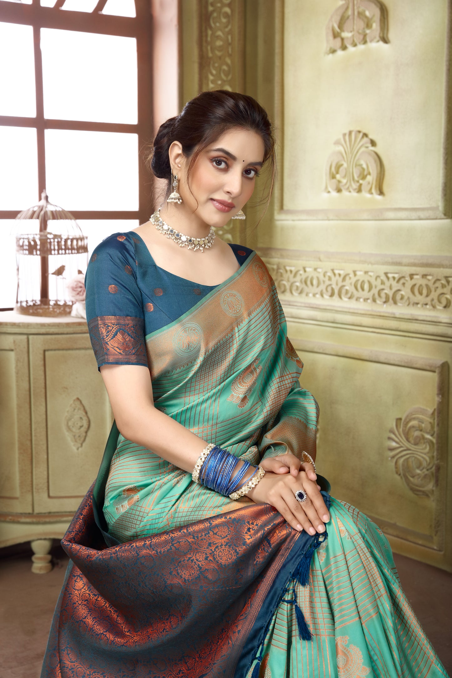 Ocean Blue Self Border Soft Silk Saree