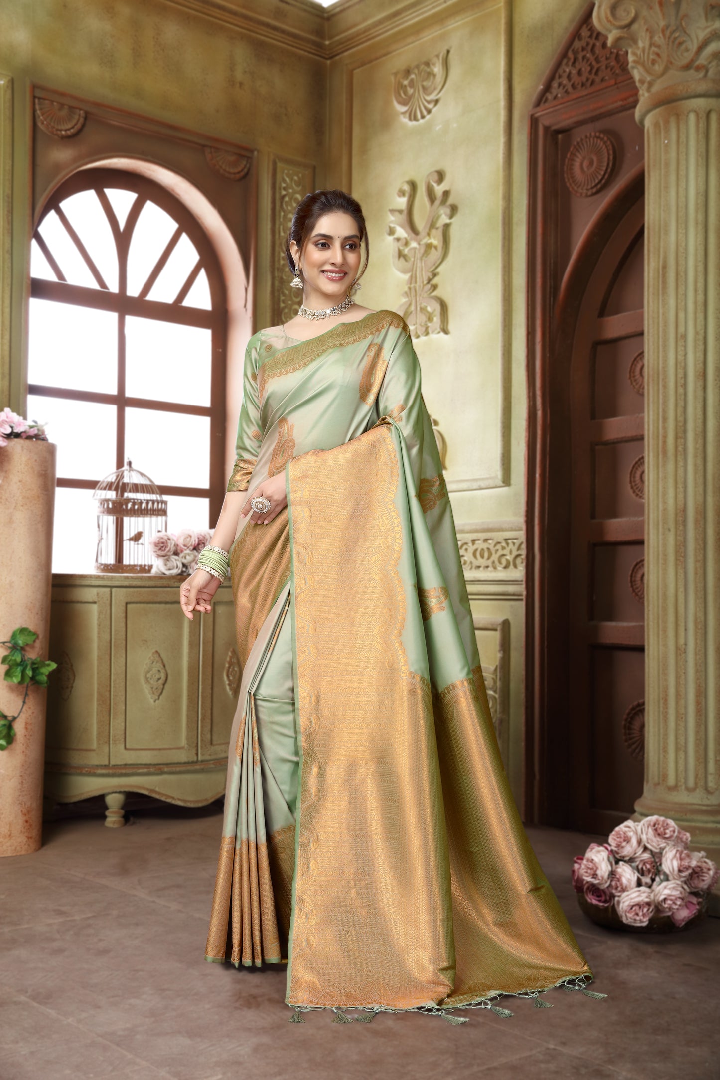 Olive Self Border Soft Silk Saree