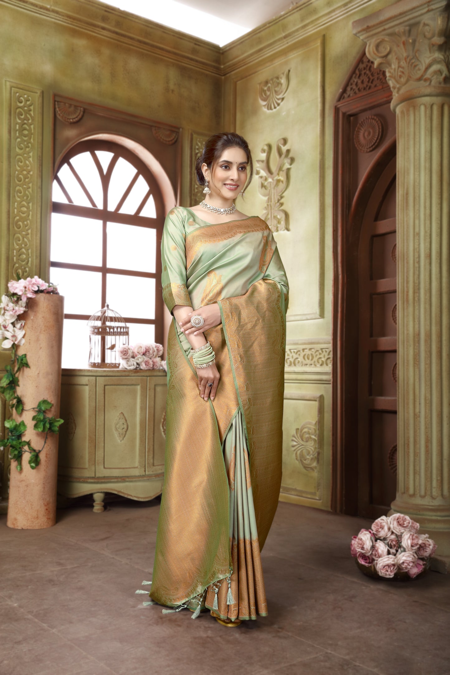 Olive Self Border Soft Silk Saree