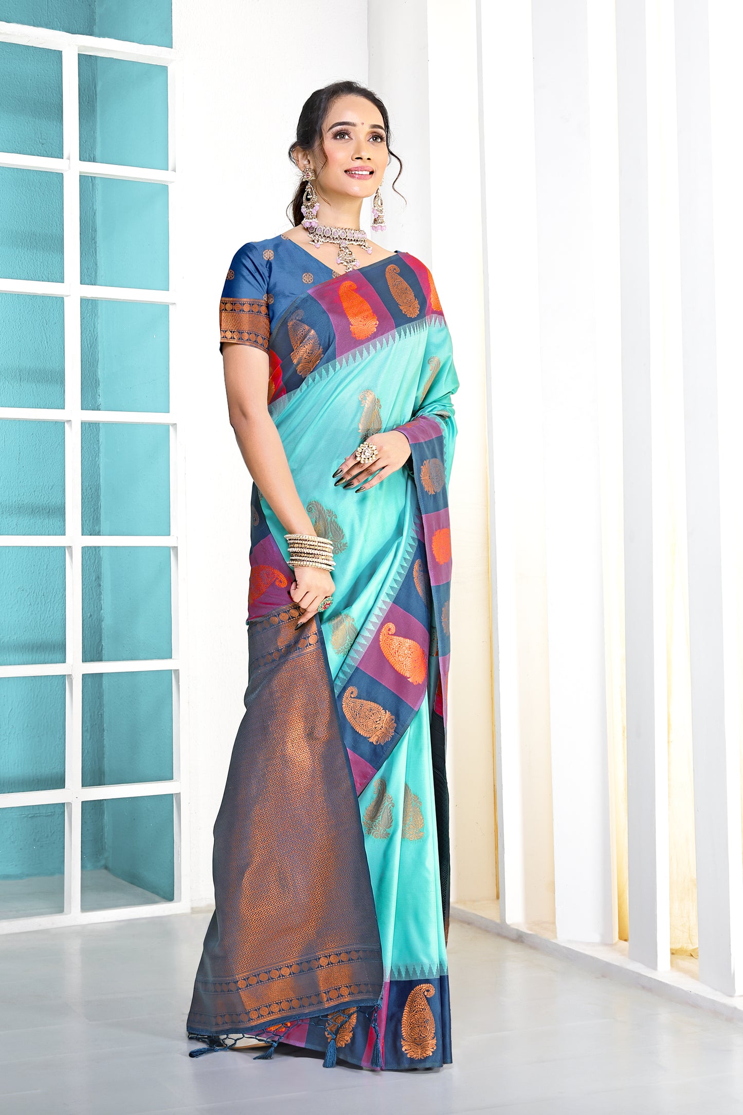 Light Sky Blue Ikkat Silk Saree