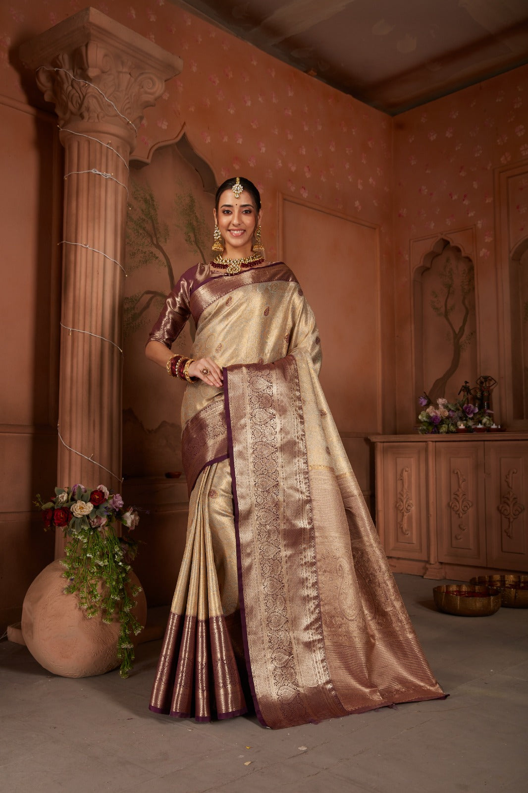Tissue Silk Saree - Golden Beige