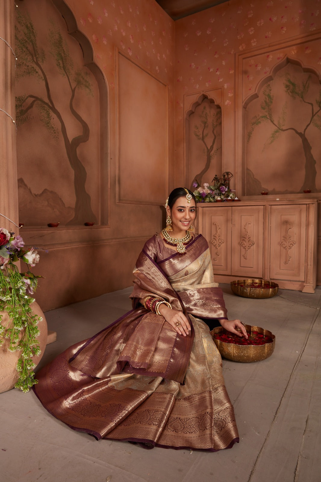 Tissue Silk Saree - Golden Beige