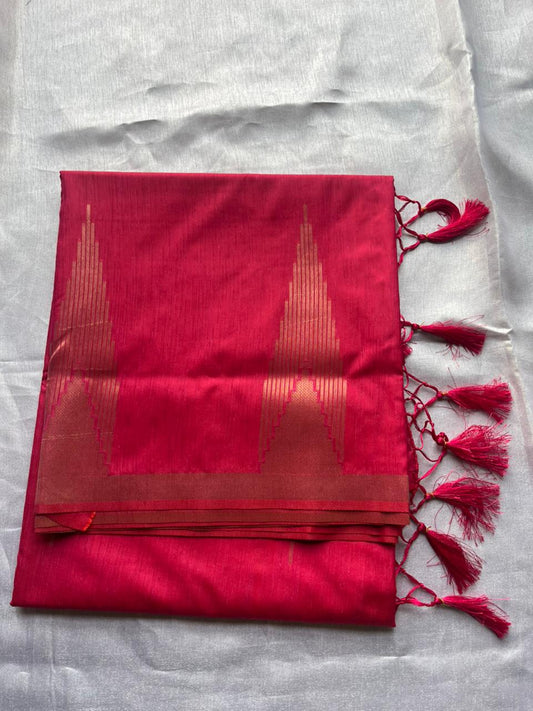 Pink - Cotton blend Slub Saree