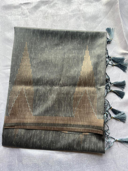 Grey - Cotton blend Slub Saree