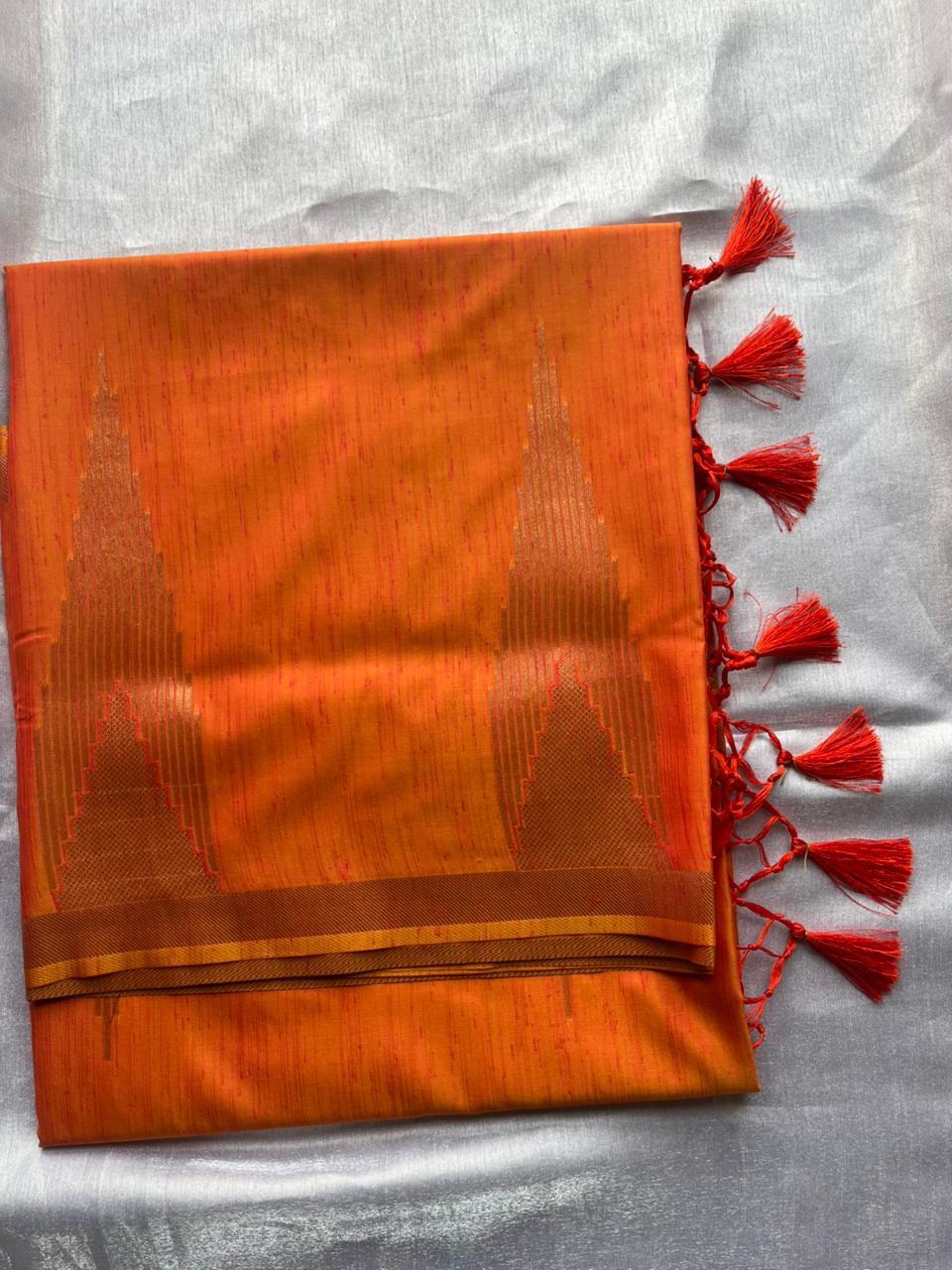 Orange - Cotton blend Slub Saree