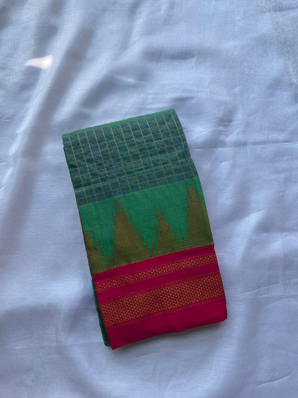 Muted Mint Temple border check saree