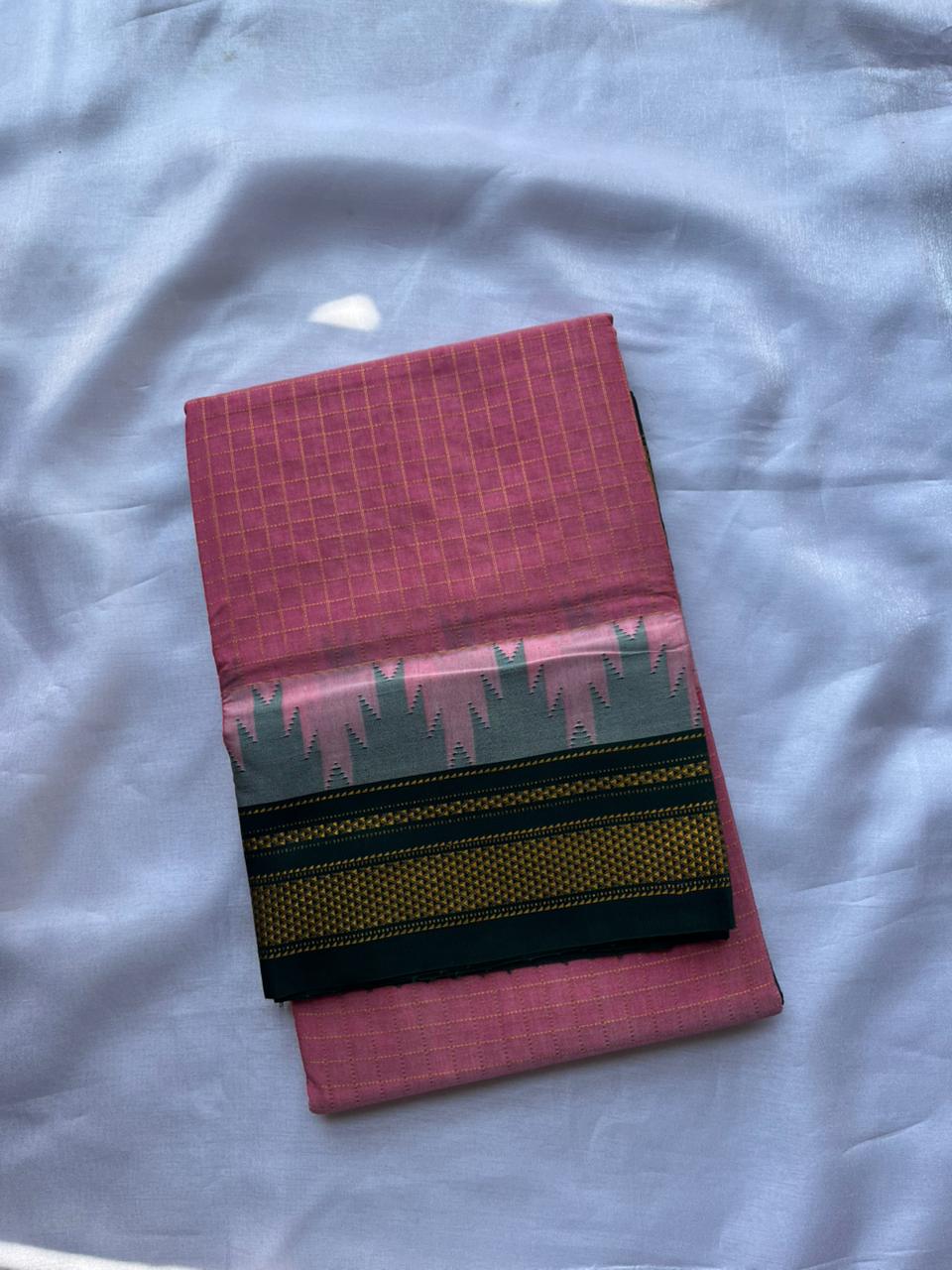 Pastel Pink Temple border check saree