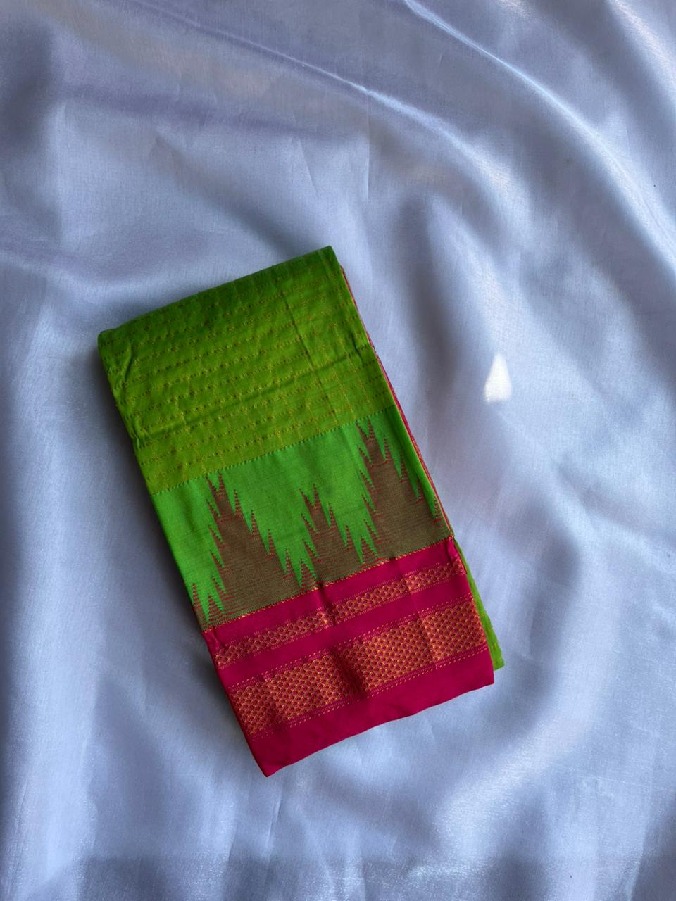 Parrot Green Temple border check saree