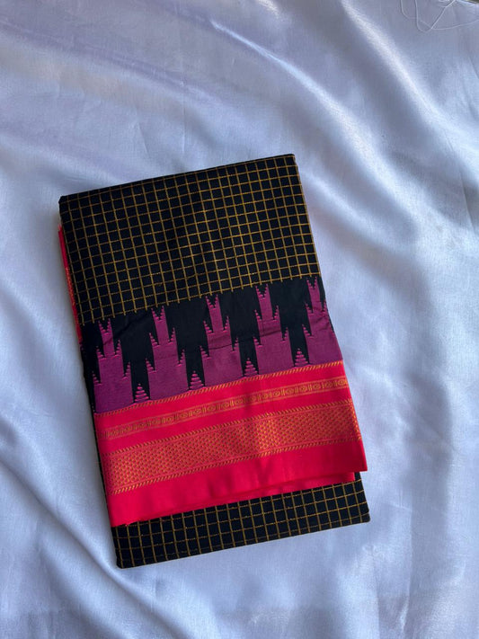 Black Temple border check saree