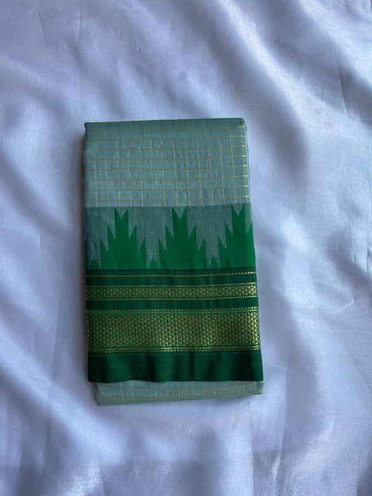 Muted Mint Temple border check saree