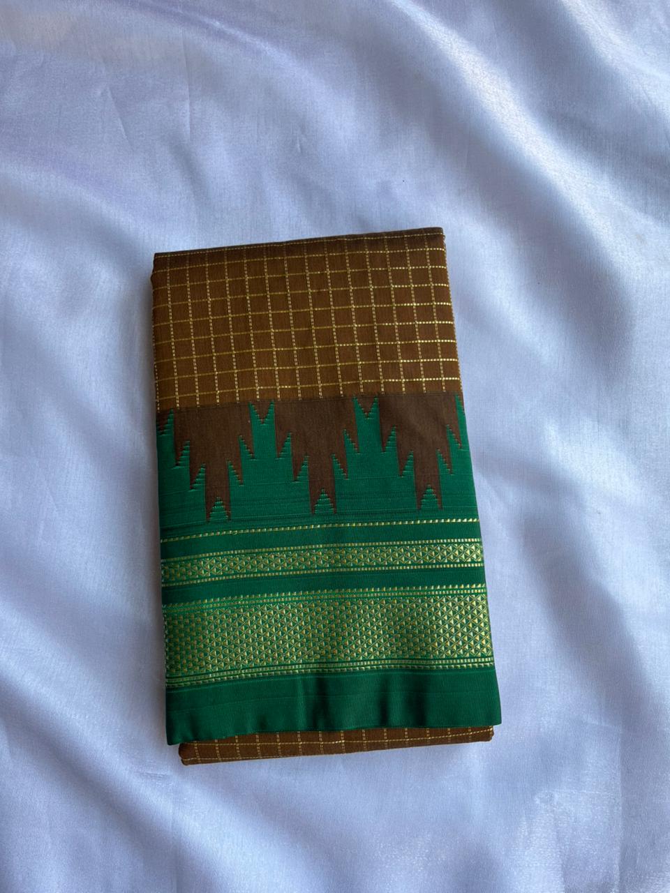 Brown Temple border check saree