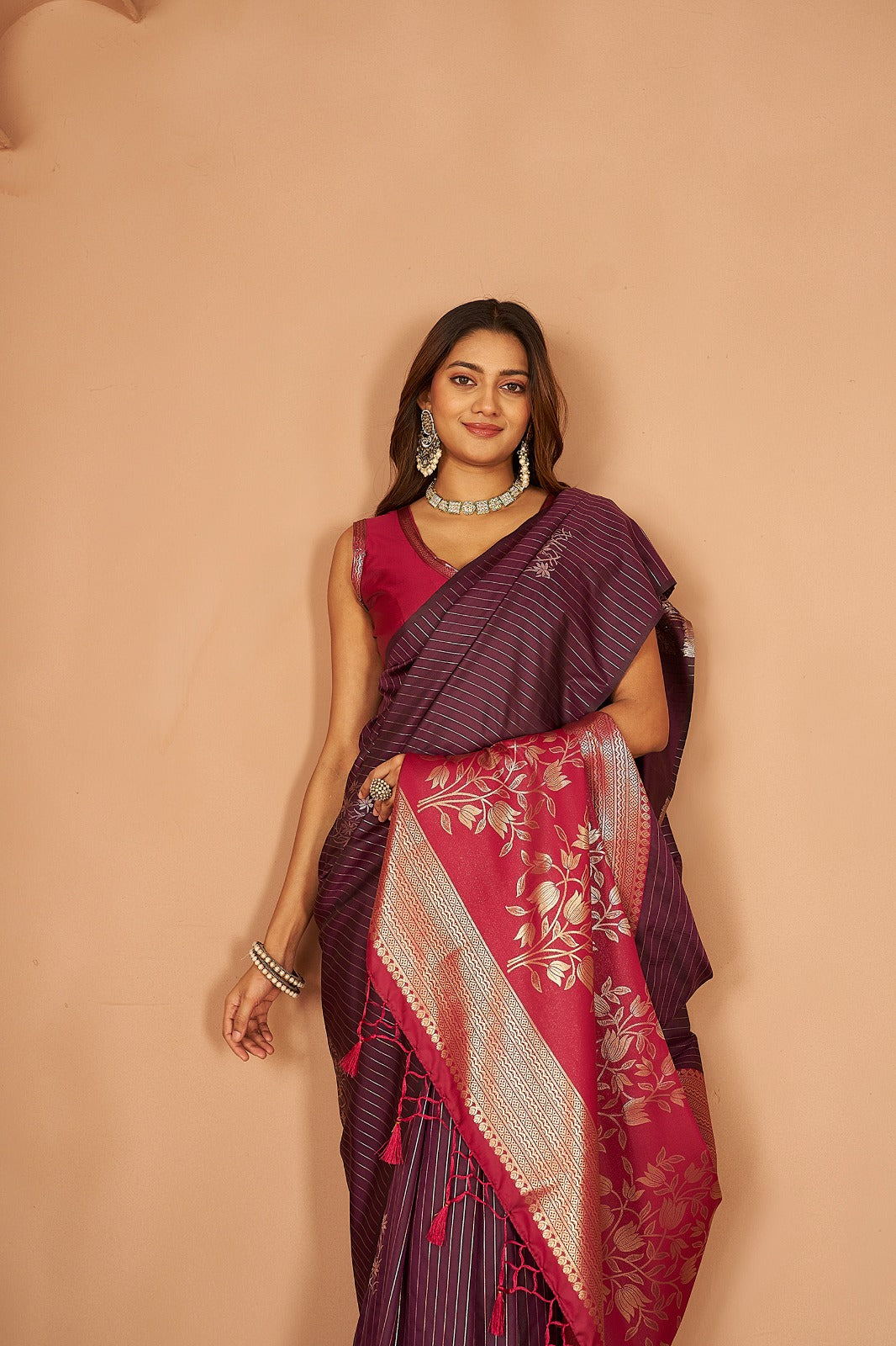 Wine & Rani Pink Soft Silk Saree ( Pre order basis only)