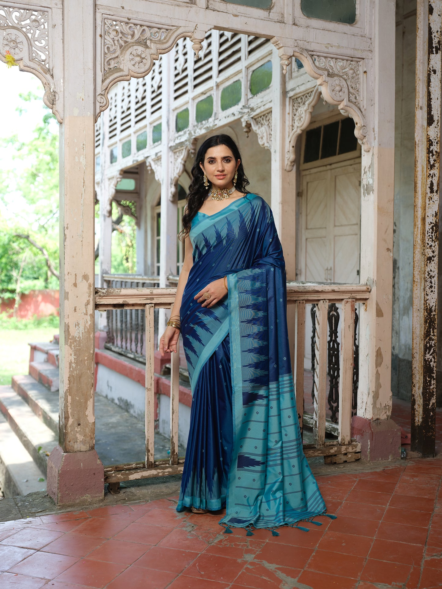 Temple Border Blue Soft Silk Saree