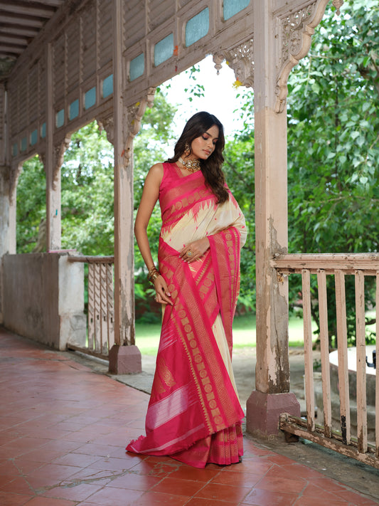 OFF WHITE WITH PINK - MASARAI COTTON TOPE PALLU