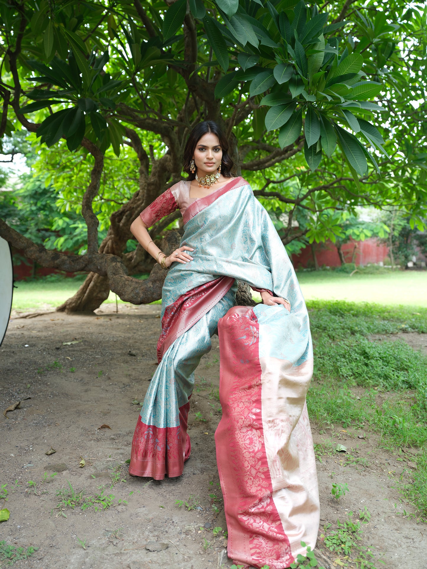 Tissue Silk Saree - Pastel aqua blue body and wine border