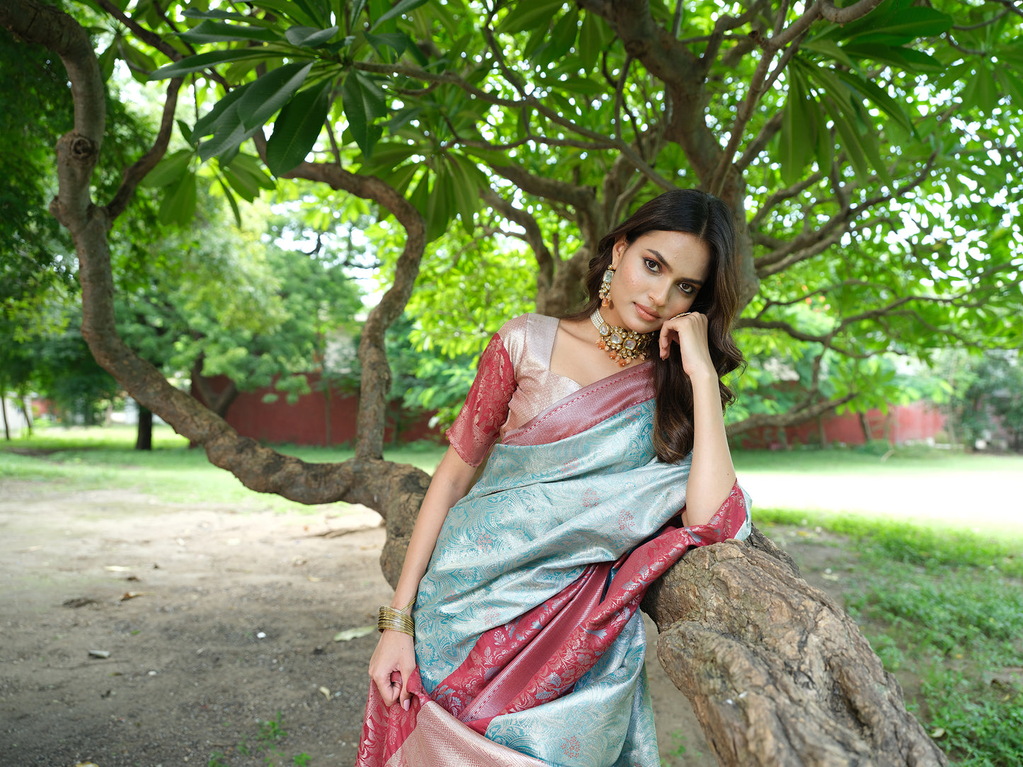 Tissue Silk Saree - Pastel aqua blue body and wine border